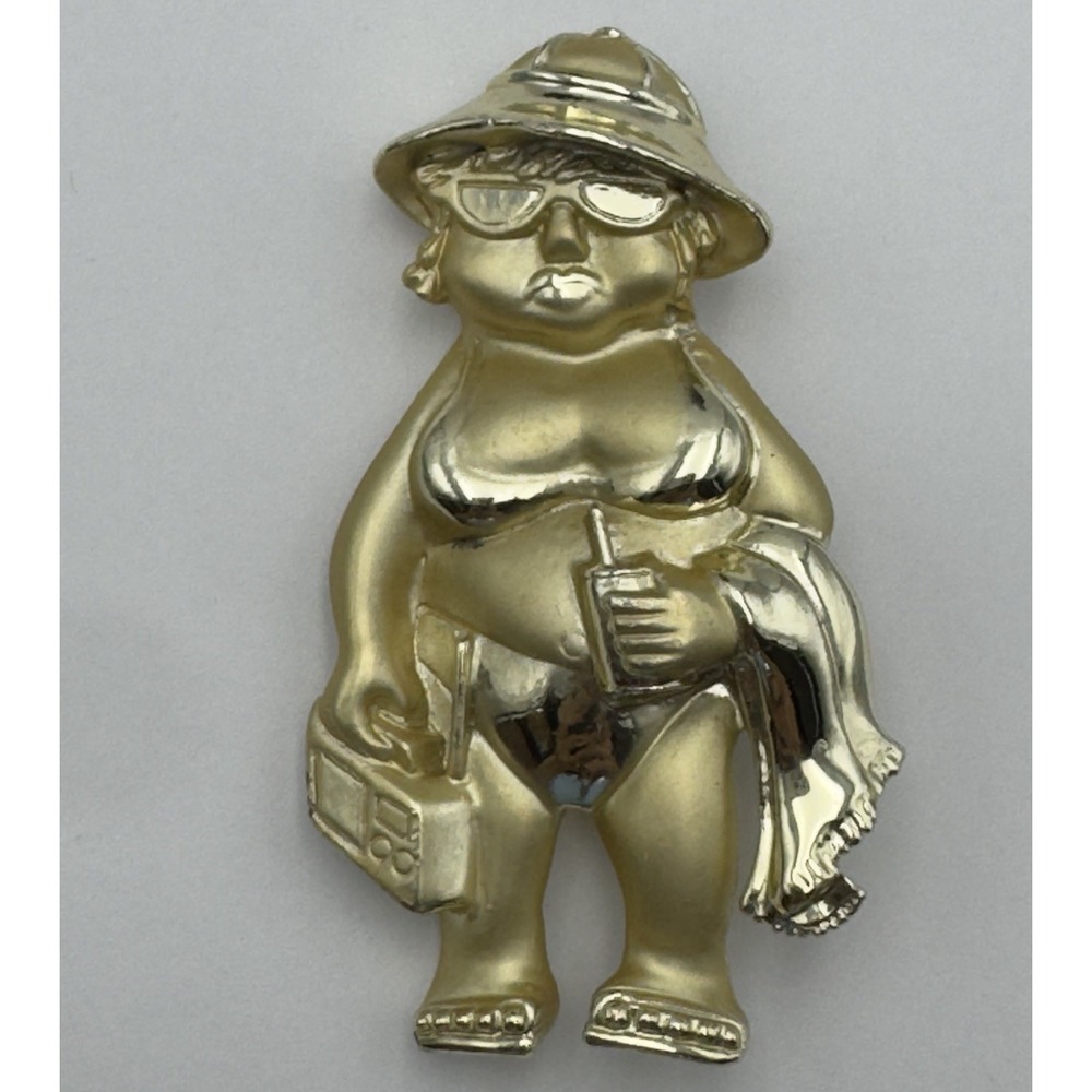 Whimsical Beach Woman Brooch Radio Drink Swimsuit Hat Travel Large Vintage 1980s